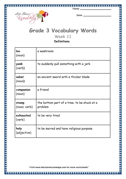 grade 3 vocabulary worksheets Week 11 definitions