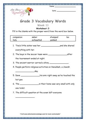 Grade 3: Vocabulary Worksheets Week 11 loo, yank, saber, companion, stump, exhausted, holy