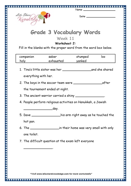 grade 3 vocabulary worksheets Week 11 worksheet 1