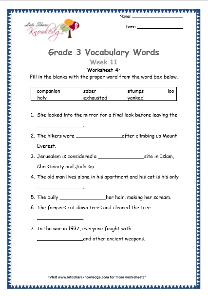 grade 3 vocabulary worksheets Week 11 worksheet 4