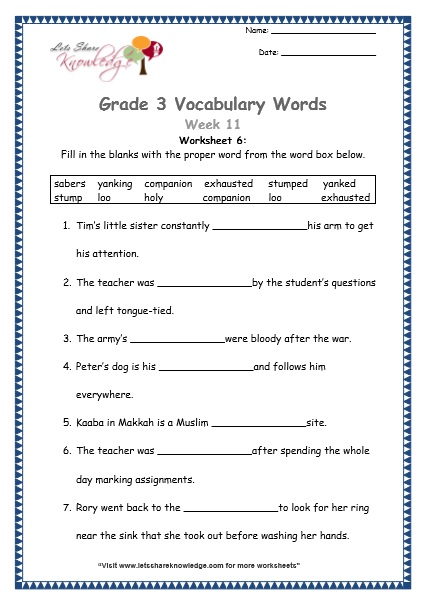  grade 3 vocabulary worksheets Week 11 worksheet 6