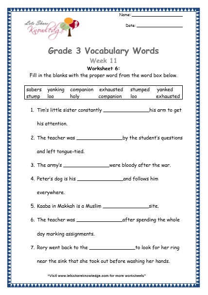 grade 3 vocabulary worksheets week 11 lets share knowledge