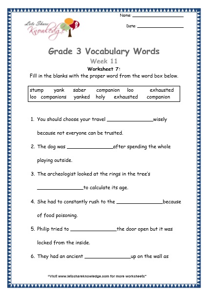  grade 3 vocabulary worksheets Week 11 worksheet 7