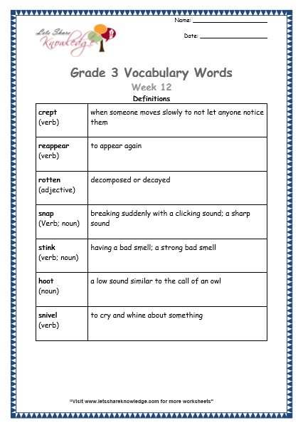 grade 3 vocabulary worksheets Week 12 definitions