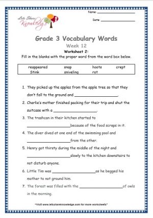 Grade 3: Vocabulary Worksheets Week 12 crept reappear rotten snap stink hoot snivel