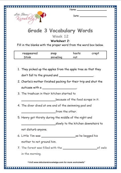 Grade 3: Vocabulary Worksheets Week 12 crept reappear rotten snap stink hoot snivel