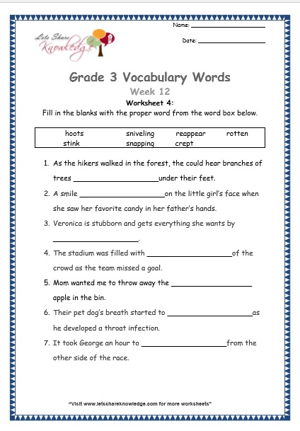 grade 3 vocabulary worksheets week 12 lets share knowledge