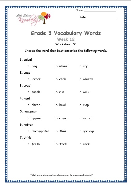  grade 3 vocabulary worksheets Week 12 worksheet 5