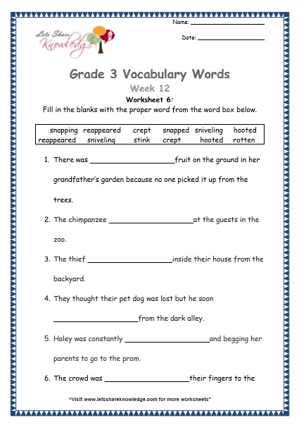  grade 3 vocabulary worksheets Week 12 worksheet 6