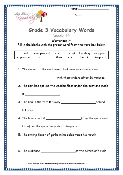  grade 3 vocabulary worksheets Week 12 worksheet 7
