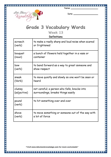 grade 3 vocabulary worksheets Week 13 definitions
