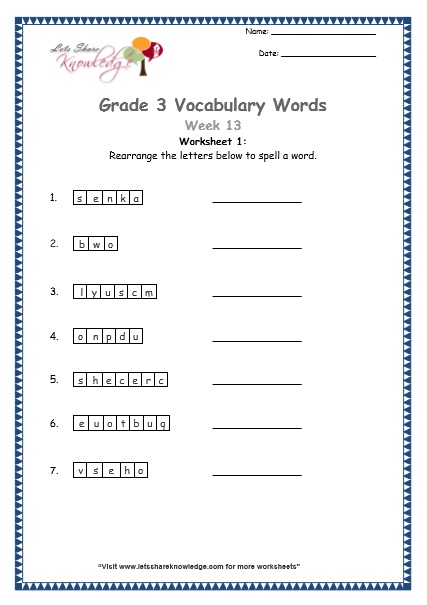 grade 3 vocabulary worksheets Week 13 worksheet 1