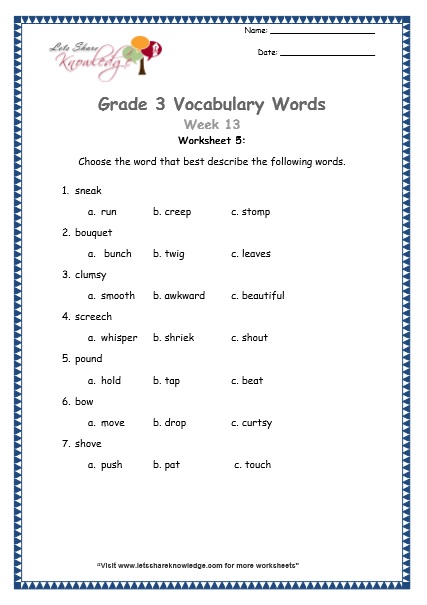  grade 3 vocabulary worksheets Week 13 worksheet 5