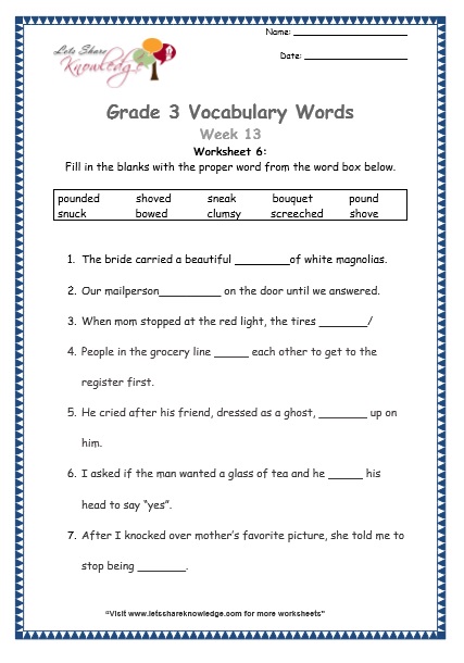  grade 3 vocabulary worksheets Week 13 worksheet 6