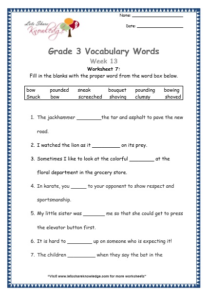  grade 3 vocabulary worksheets Week 13 worksheet 7