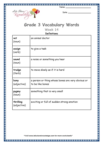 grade 3 vocabulary worksheets Week 14 definitions