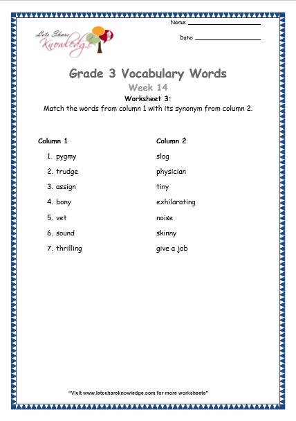 Grade 3: Vocabulary Worksheets Week 14 – Lets Share Knowledge