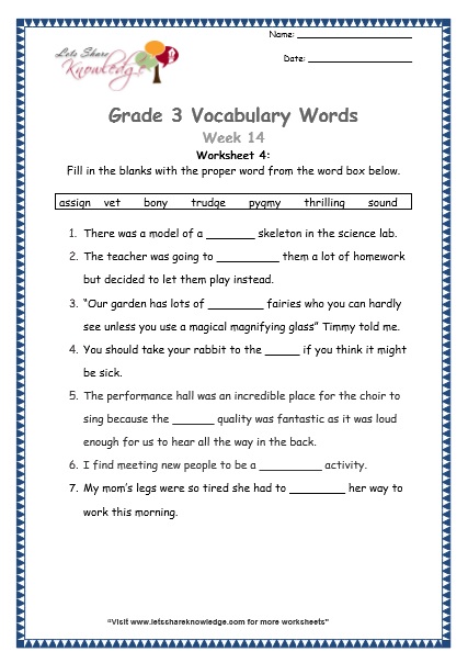  grade 3 vocabulary worksheets Week 14 worksheet 4