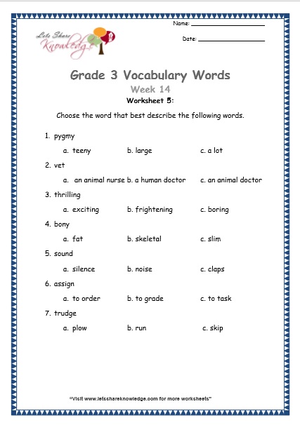  grade 3 vocabulary worksheets Week 14 worksheet 5