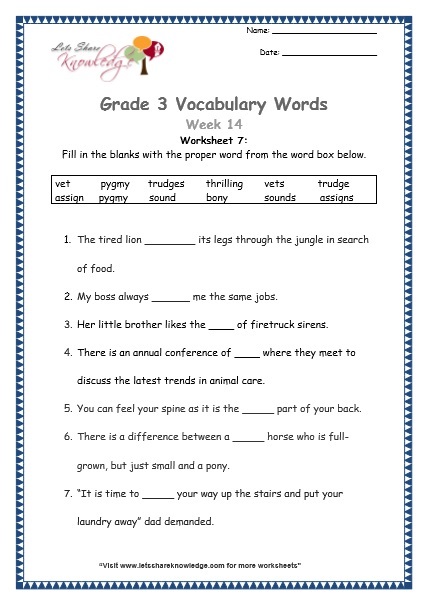  grade 3 vocabulary worksheets Week 14 worksheet 7