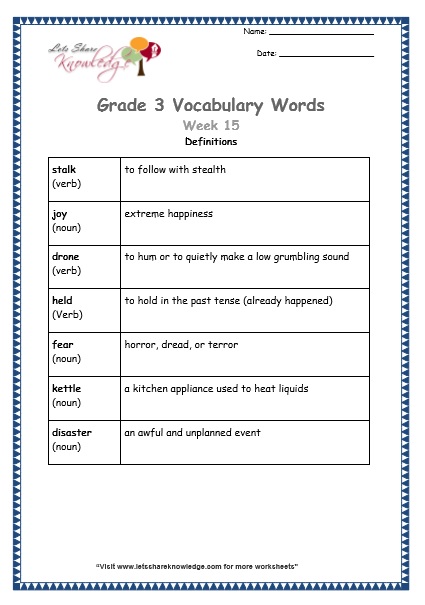 grade 3 vocabulary worksheets Week 15 definitions