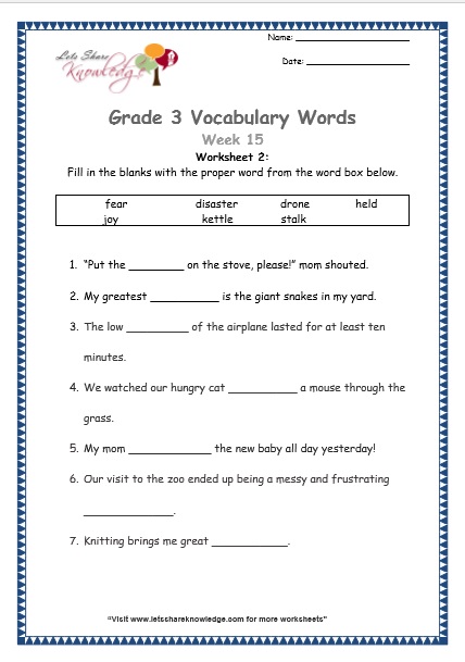 grade 3 vocabulary worksheets Week 15 worksheet 1