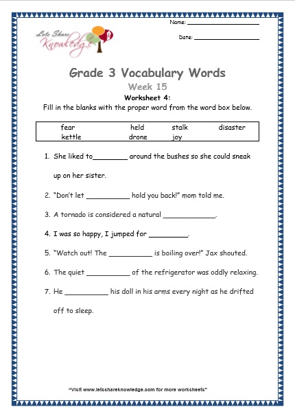 grade 3 vocabulary worksheets week 15 lets share knowledge