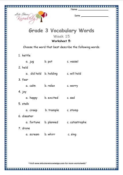  grade 3 vocabulary worksheets Week 15 worksheet 5