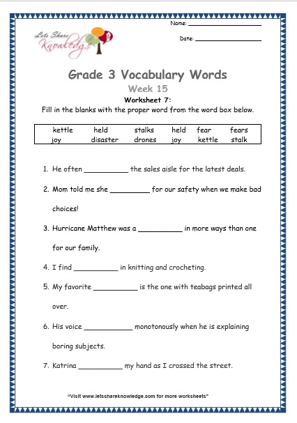  grade 3 vocabulary worksheets Week 15 worksheet 7