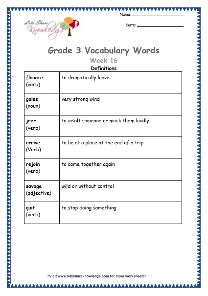 grade 3 vocabulary worksheets Week 16 definitions