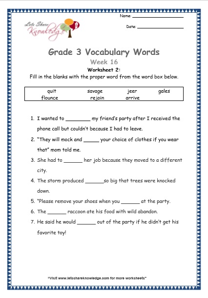 grade 3 vocabulary worksheets Week 16 worksheet 1