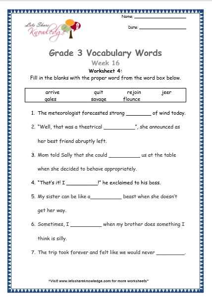  grade 3 vocabulary worksheets Week 16 worksheet 4