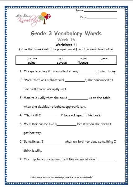 Grade 3: Vocabulary Worksheets Week 16 – Lets Share Knowledge