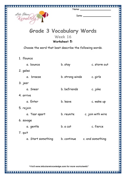  grade 3 vocabulary worksheets Week 16 worksheet 5