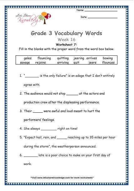  grade 3 vocabulary worksheets Week 16 worksheet 7