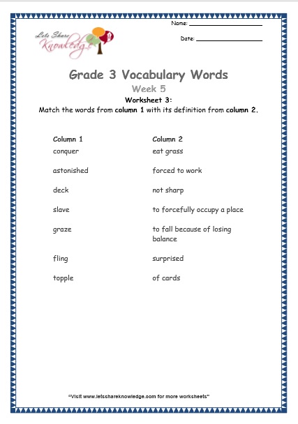  grade 3 vocabulary worksheets Week 5 worksheet 3