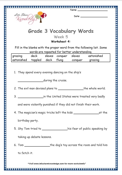  grade 3 vocabulary worksheets Week 5 worksheet 4