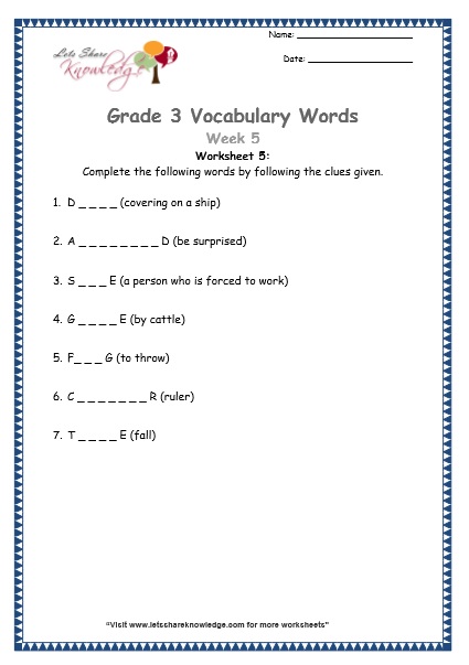  grade 3 vocabulary worksheets Week 5 worksheet 5