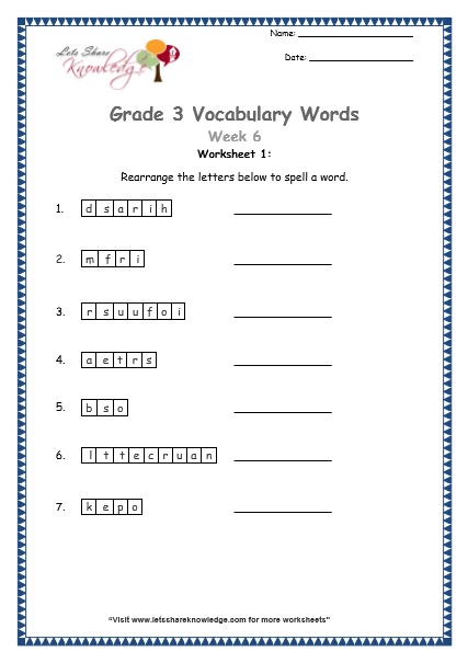 grade 3 vocabulary worksheets Week 6 worksheet 1