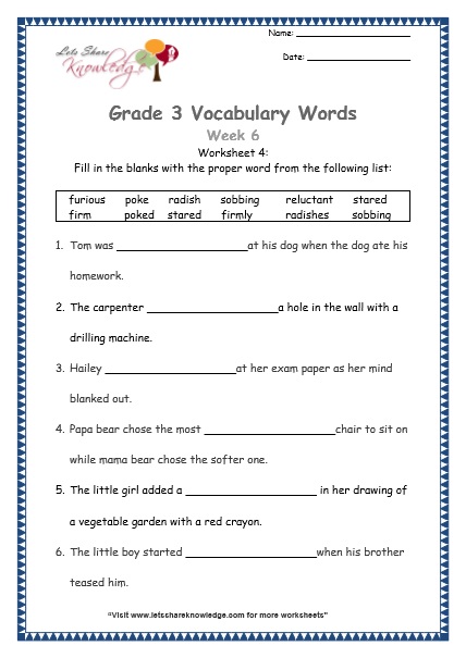  grade 3 vocabulary worksheets Week 6 worksheet 4