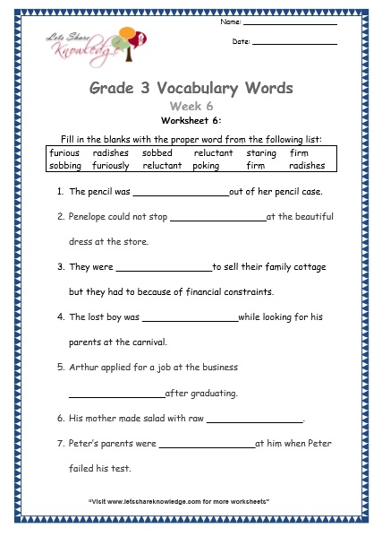  grade 3 vocabulary worksheets Week 6 worksheet 6