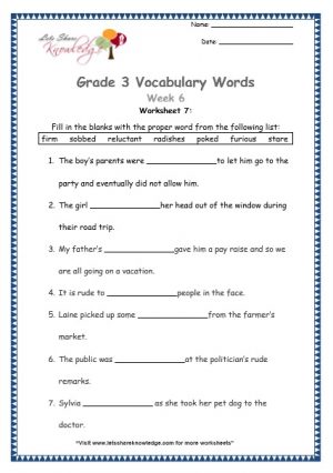 Grade 3: Vocabulary Worksheets Week 6