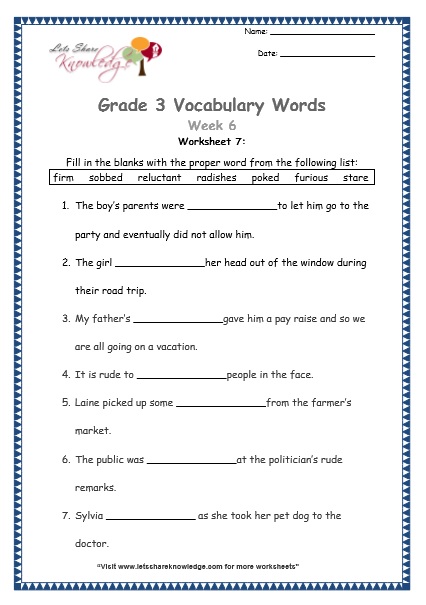 Grade 3: Vocabulary Worksheets Week 6