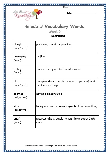 grade 3 vocabulary worksheets Week 7 definitions