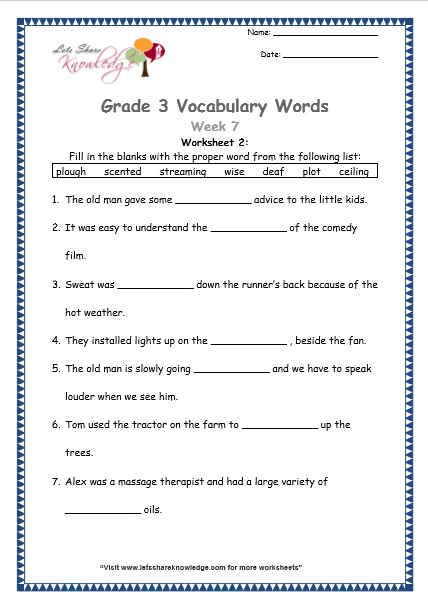 grade 3 vocabulary worksheets Week 7 worksheet 1