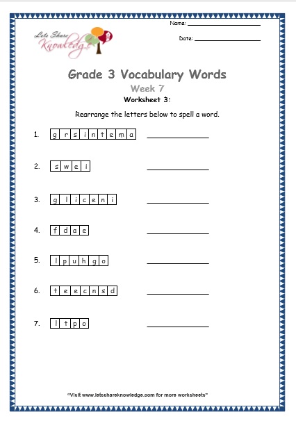  grade 3 vocabulary worksheets Week 7 worksheet 3