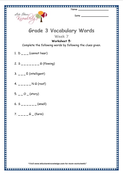  grade 3 vocabulary worksheets Week 7 worksheet 5