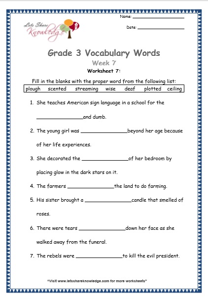  grade 3 vocabulary worksheets Week 7 worksheet 7