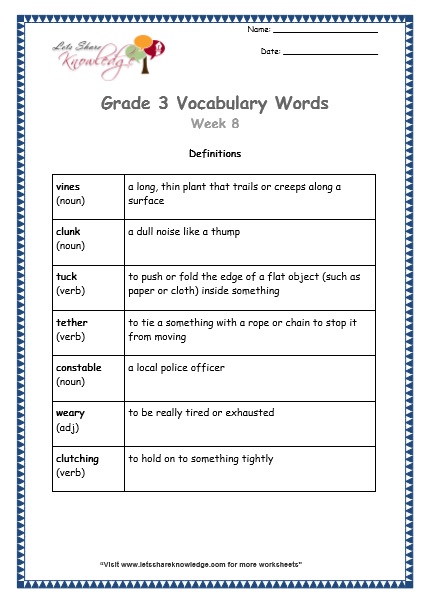 grade 3 vocabulary worksheets Week 8 definitions