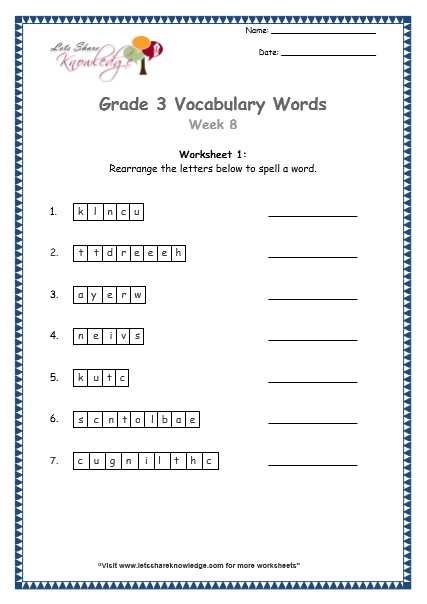 grade 3 vocabulary worksheets Week 8 worksheet 1